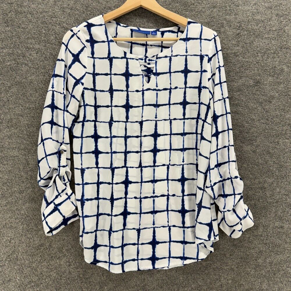 Apt. 9 Blouse Women S Small White Plaid Long Sleeve Round Neck Pullover Casual